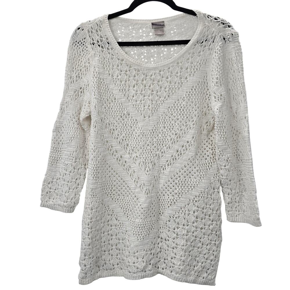 Chicos Sweater Womens Small White Open Knit Sheer Tunic 3/4 Sleeve New